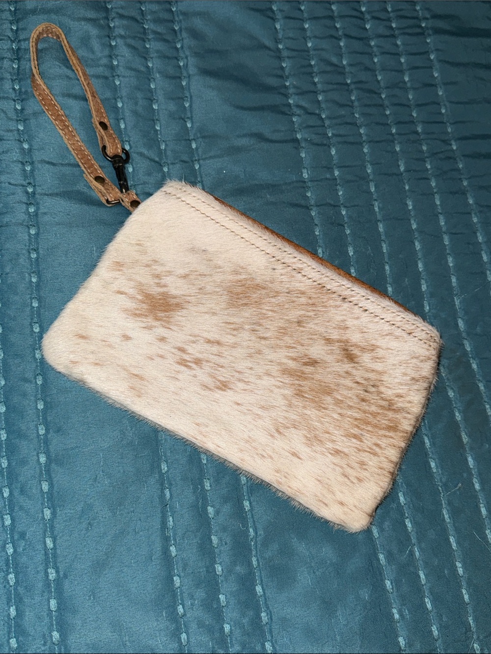 Myra Bag Cream and Tan Haircalf Wristlet Clutch